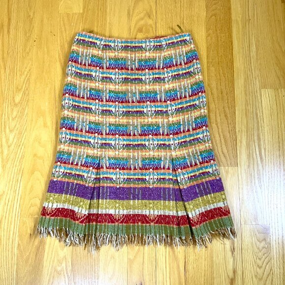 Max Mara Weekend Skirt Wool Blend Colorful Stripes Yellow Multi Pleats Fringe (8 - Picture 5 of 8